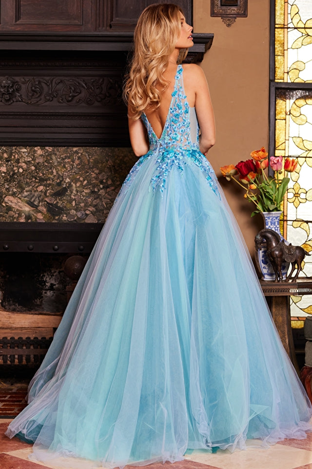Jovani 23577 Blue Floral Embroidered Bodice Ballgown