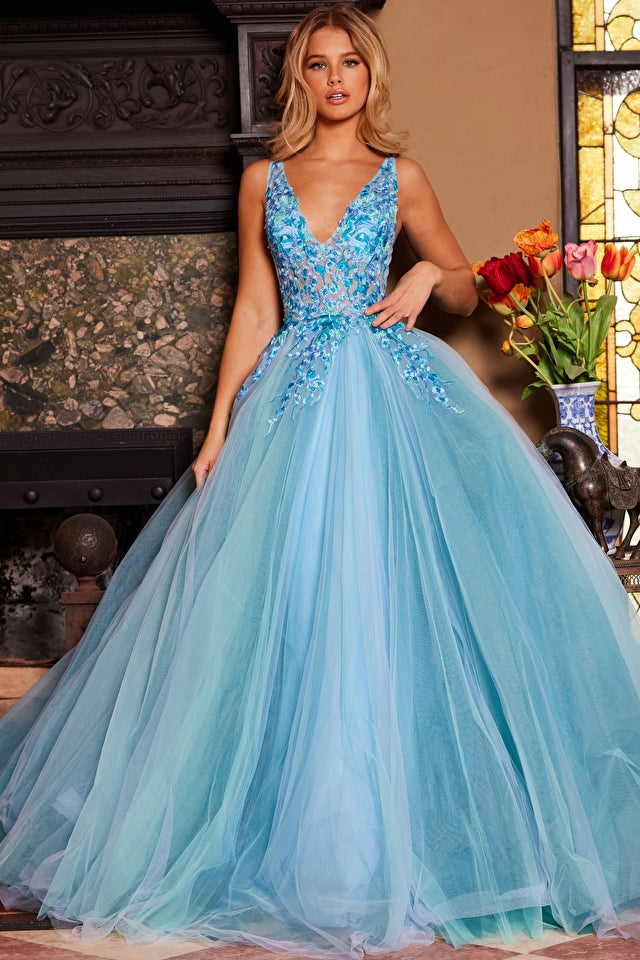 Jovani 23577 Blue Floral Embroidered Bodice Ballgown in
