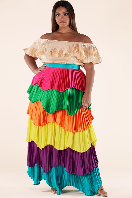 Off shoulder dress featuring a crimped tiered ruffle skirt.