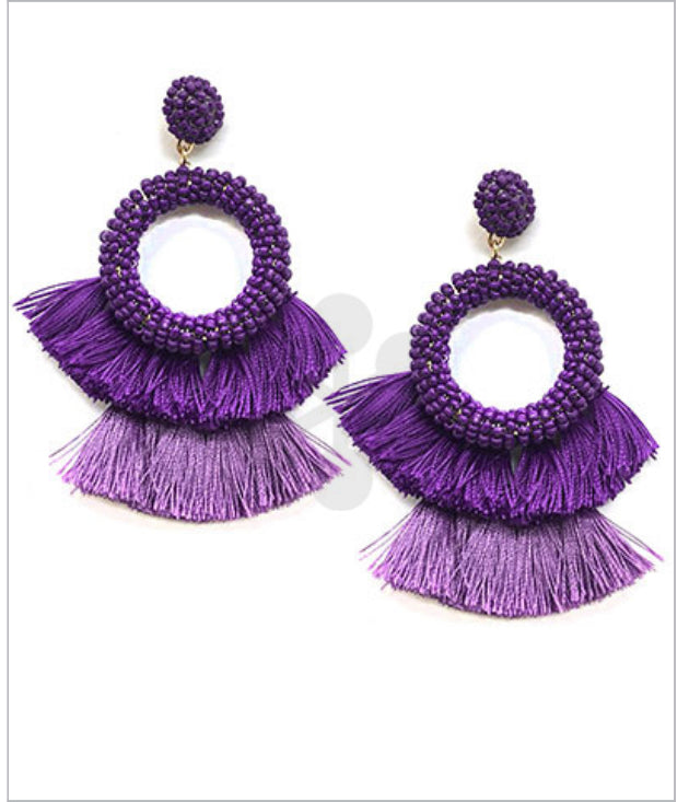 Purple double tassel bead circle earrings