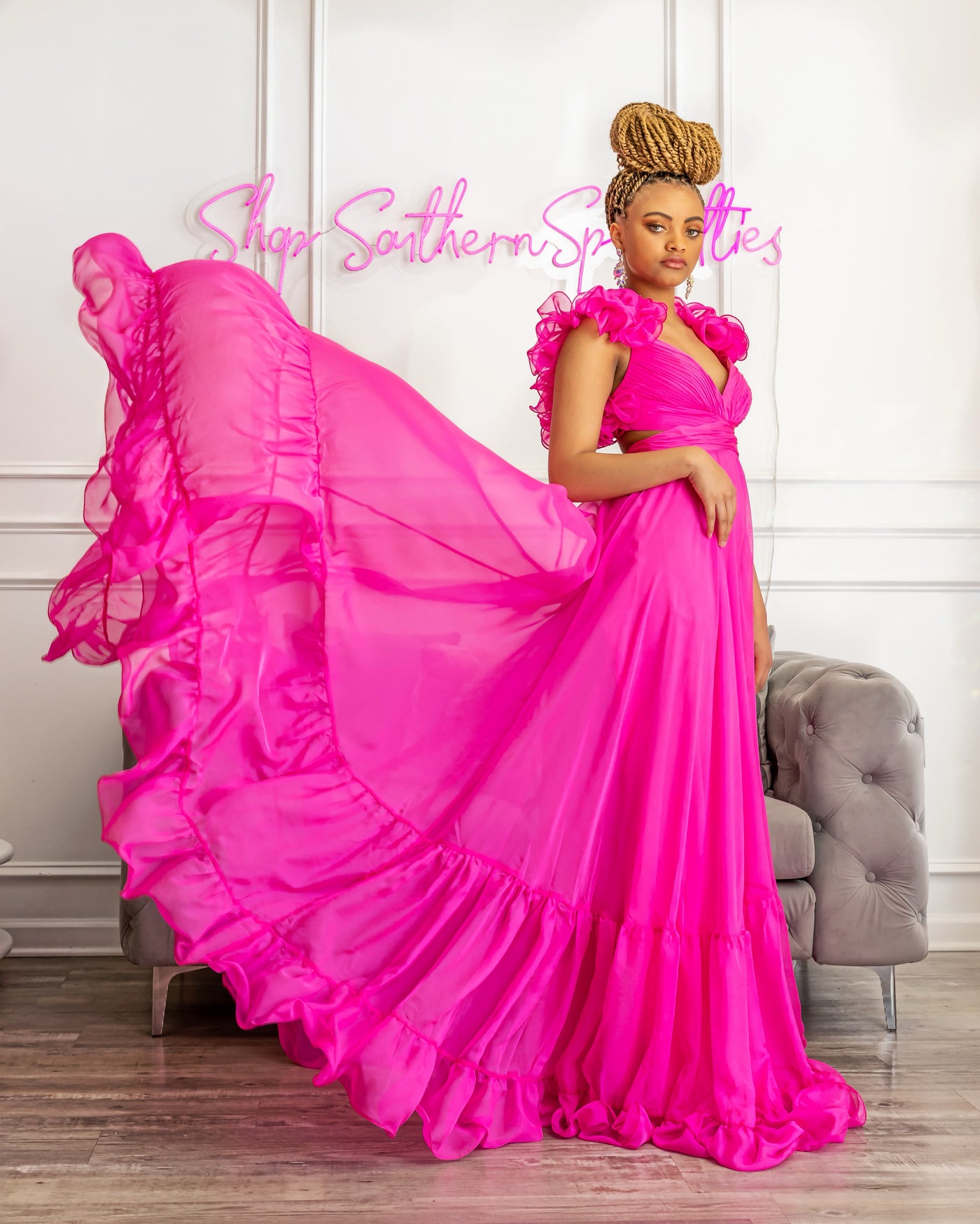 Jovani 23322 Hot Pink Pleated Maxi Chiffon Dress